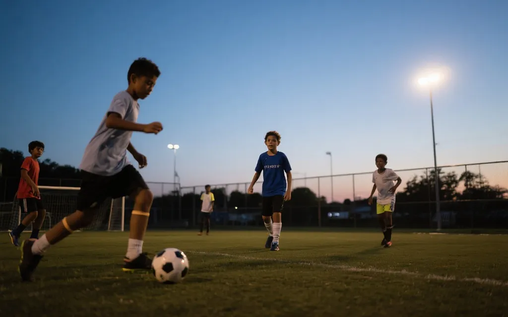 社区足球训练场上，少年在黄昏灯光下练习传球与射门