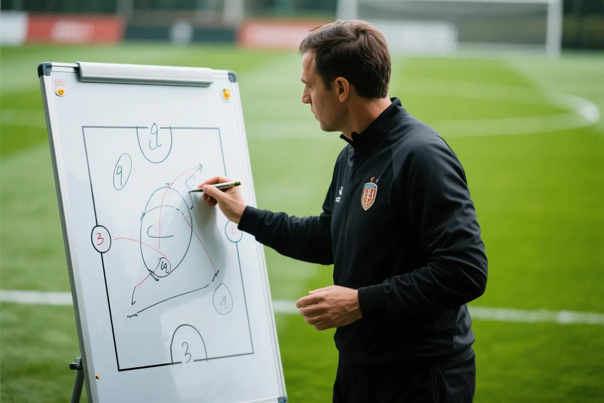 足球教练在战术板前指点球员