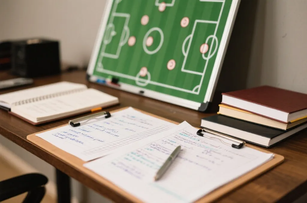 书桌上的分析笔记与足球比赛战术板，体现理性的思考过程